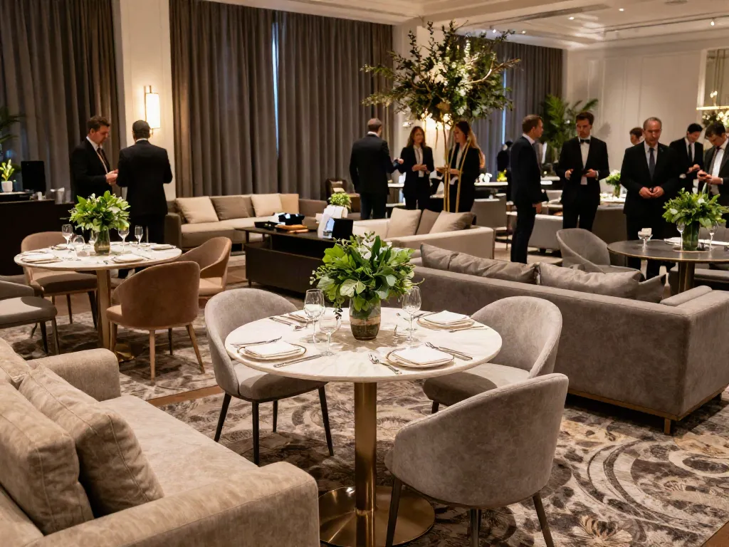 Event furniture rental setup featuring modern tables and lounge seating in a luxury venue.