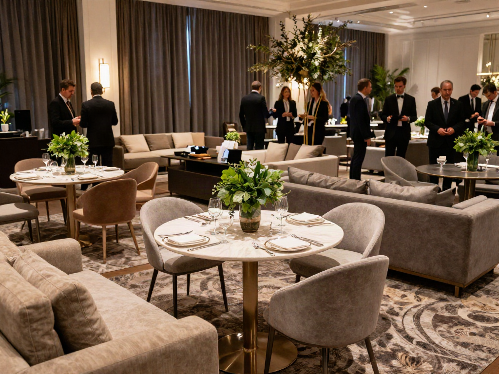 Event furniture rental setup featuring modern tables and lounge seating in a luxury venue.