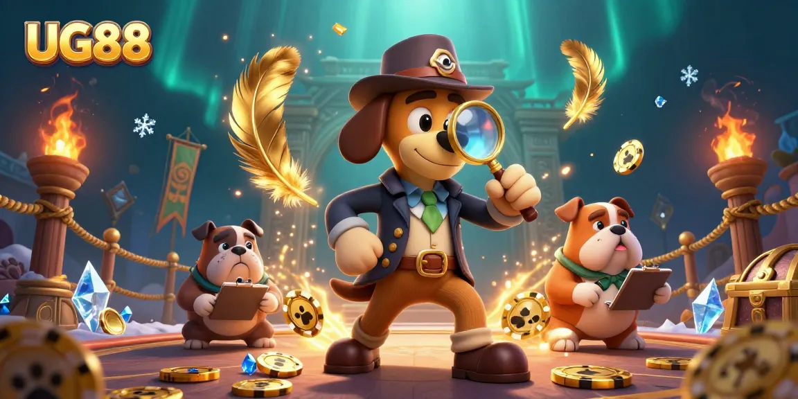Examine treasures with UG88's detective duo uncovering clues in a vibrant gambling scene.
