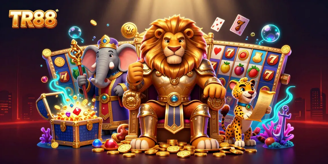 Spin reels and win with the TR88 lion king and vibrant casino elements in a 3D illustration.