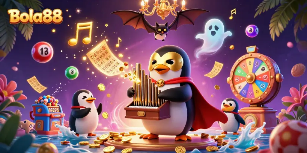 Bola88 enhances the gaming experience with a festive scene featuring vibrant lottery elements and engaging characters.