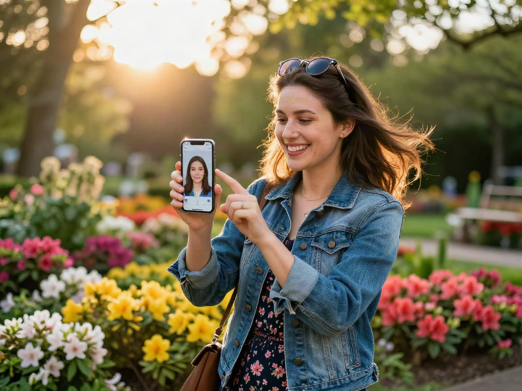 Young woman exploring how old do I look with AI age estimation app in a vibrant garden.