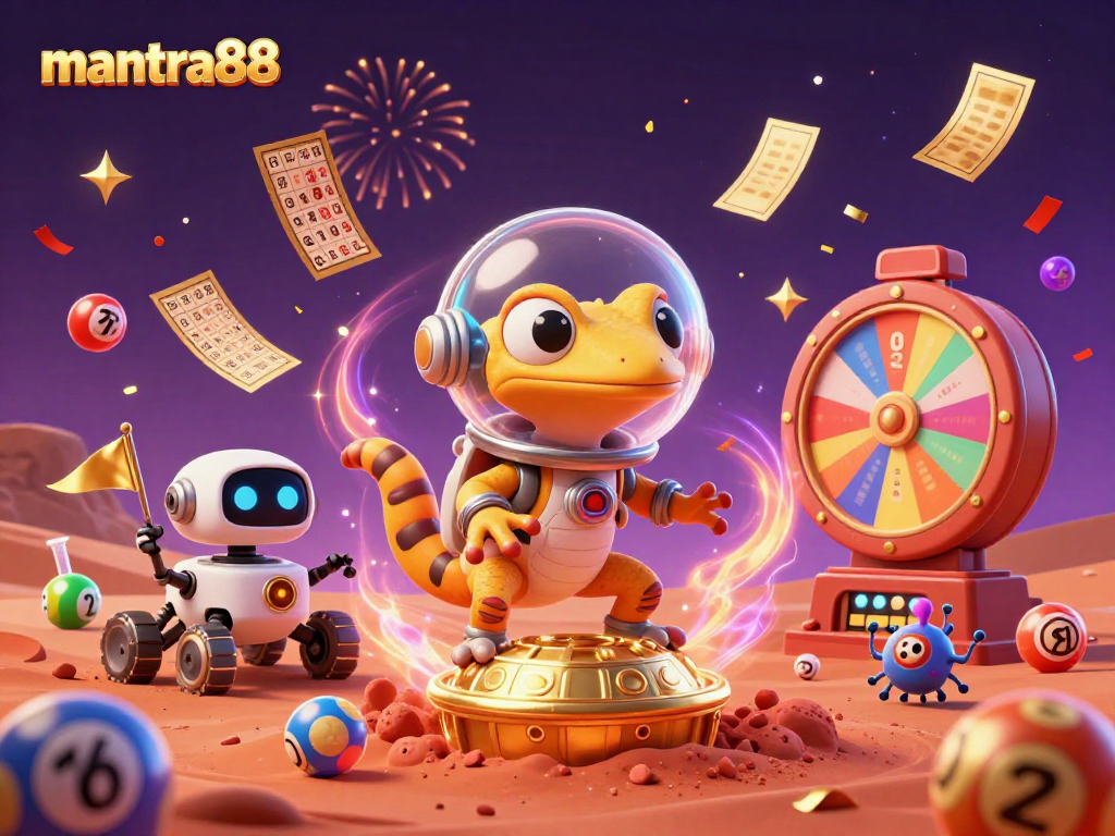 Join mantra88's Martian gecko on an exciting casino adventure discovering treasures in a vibrant space scene.