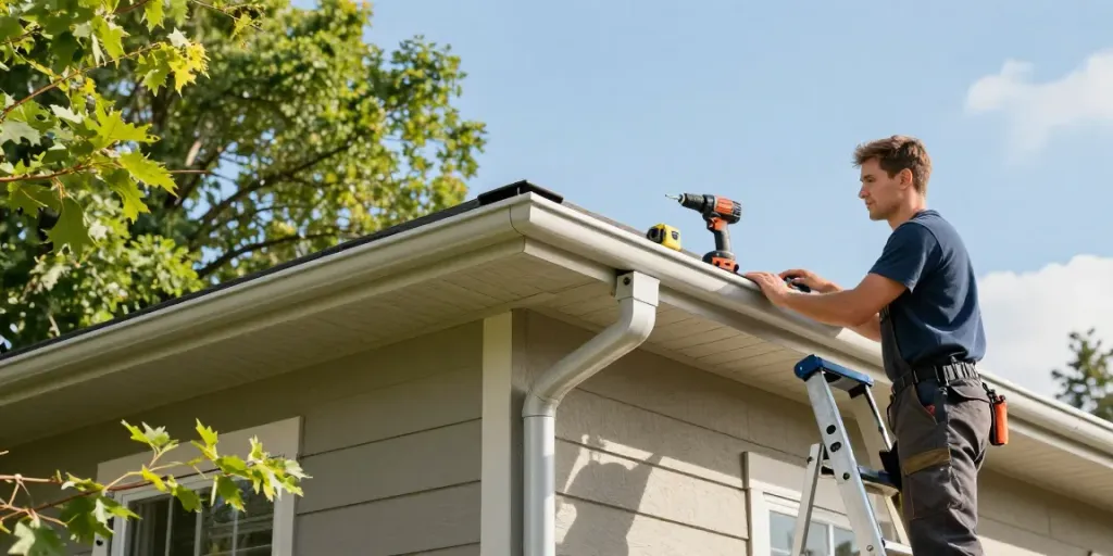Spokane gutter installation in progress by a contractor on a home.