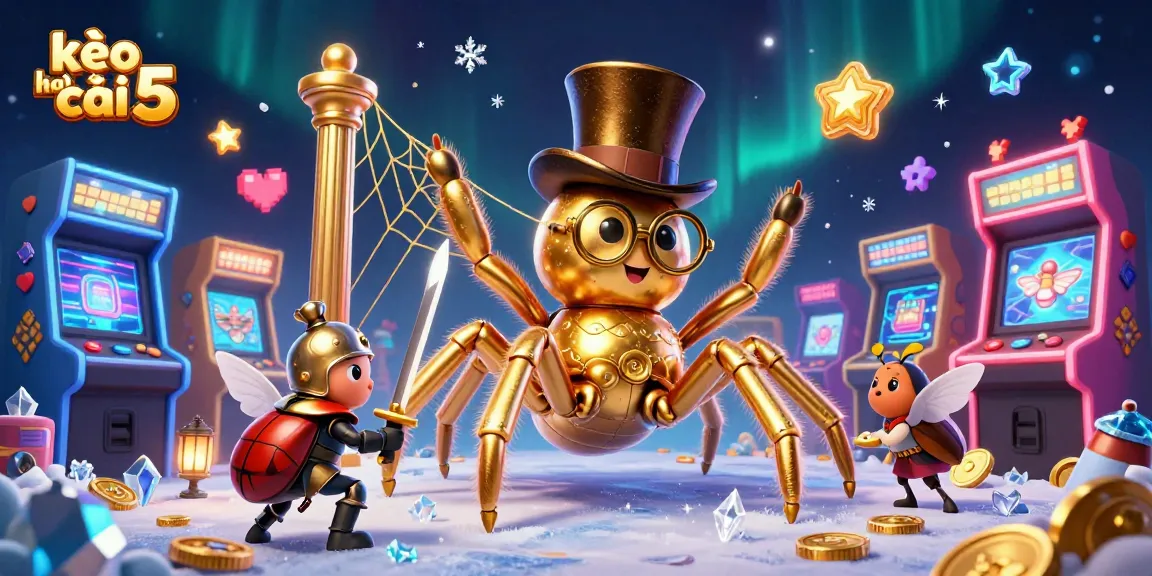Engaging illustration of "kèo nhà cái 5" featuring a golden tarantula and beetle knight amidst casino games and sparkling effects.