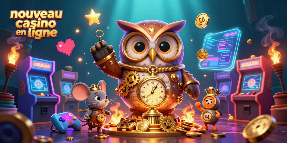 Le nouveau casino en ligne offre des expériences de jeu immersive avec un hibou steampunk et une souris, entourés de machines à sous.