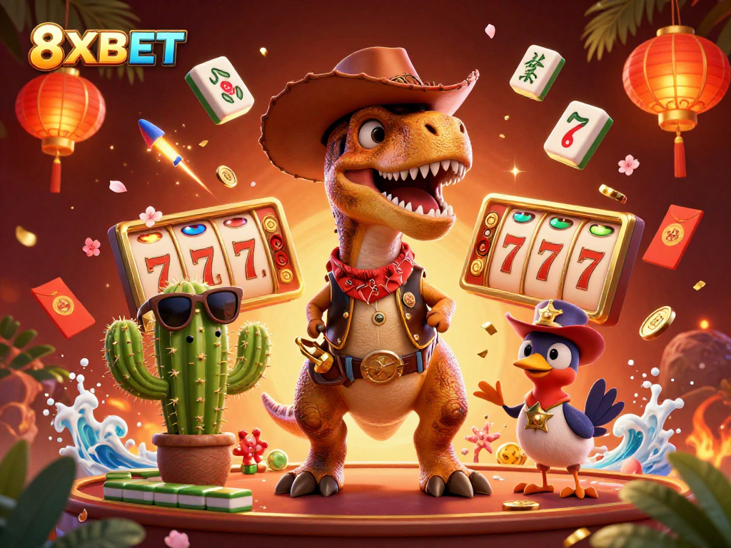 Engage with exciting slot games at 8XBET with lively animated characters and casino motifs.