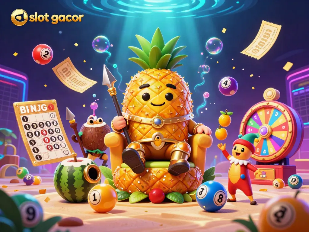 Experience the vibrant world of slot gacor with a golden pineapple king and lively casino elements.