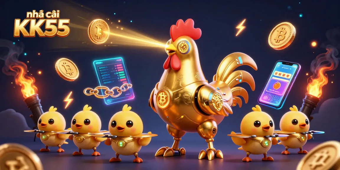 nhà cái KK55 showcases thrilling casino gameplay featuring a golden rooster robot and crypto elements.