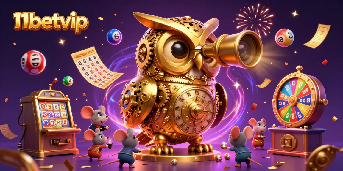 The dynamic casino scene at 11betvip showcases a clockwork owl, wind-up mice, and lottery elements in an engaging illustration.