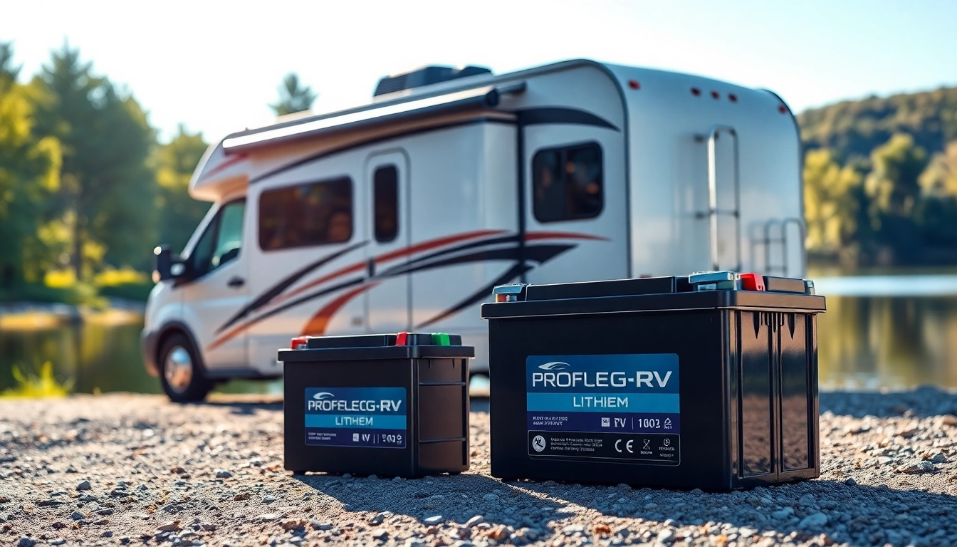 Showcase of lithium RV batteries enhancing outdoor adventures in a serene lake setting.