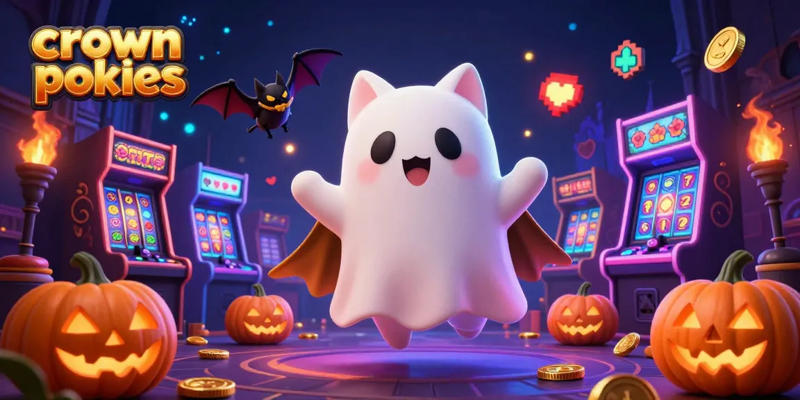 Crown pokies animated scene with ghost cat, vampire bat, and glowing jack-o-lanterns in a haunted casino.