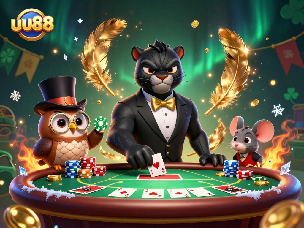 Engage in exciting poker action with uu88 featuring a stylish panther dealer and charming characters.
