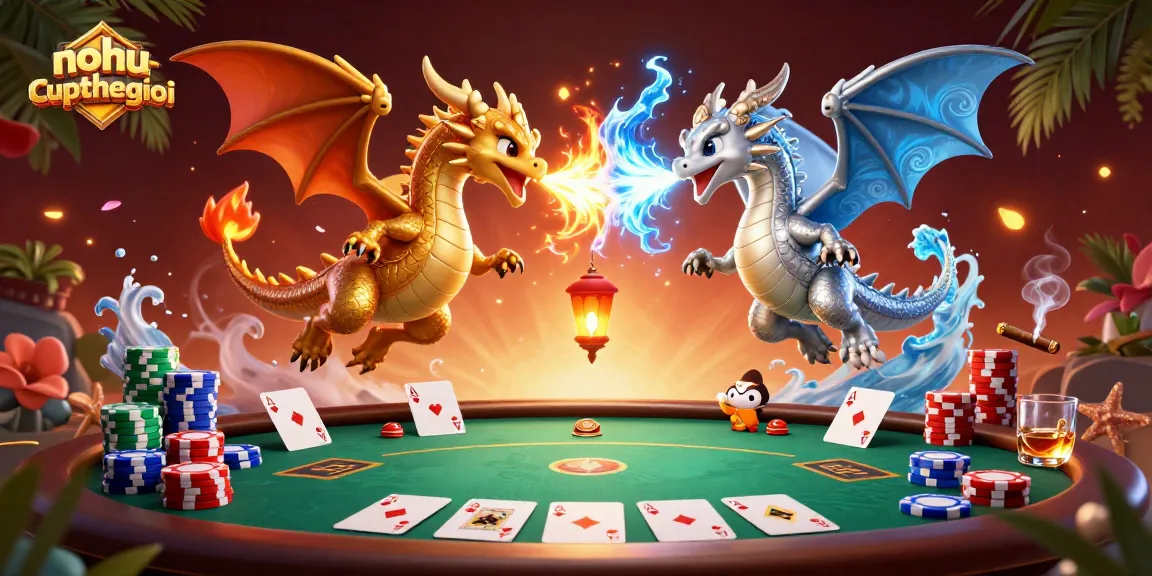 Experience the thrill of nohu-cupthegioi with twin dragons battling in a vibrant poker scene.