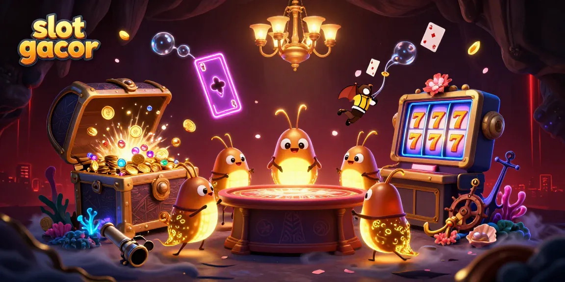 Experience the thrilling slot gacor action with glowing characters lighting a vibrant casino cave.