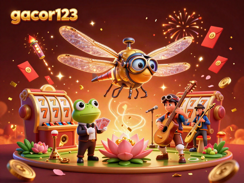 Experience thrilling plays with gacor123's vibrant casino characters and festive elements.