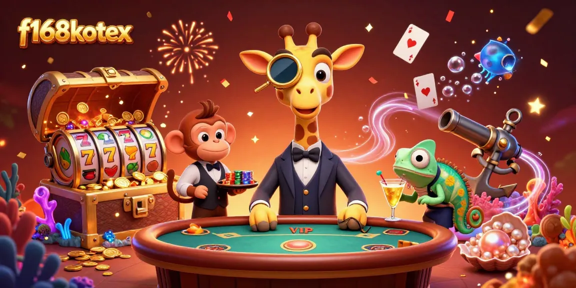Experience gaming at f168kotex with a lively giraffe, monkey, and chameleon in an energetic casino scene.