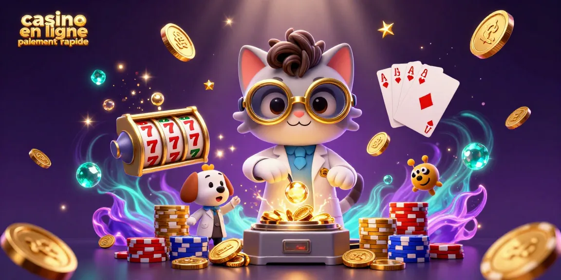 Illustration fantastique d'un casino en ligne avec paiement rapide, une machine à pièces d'or et un chien assistant en blouse de laboratoire.