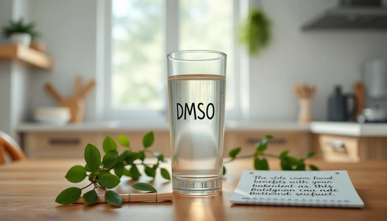 Benefits of drinking dmso showcased in a calming kitchen setting with fresh greenery.