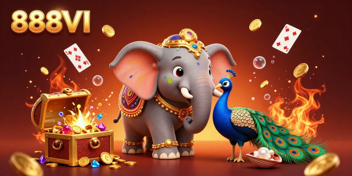 Experience the vibrant energy of 888VI with a 3D illustration of a Diwali-themed elephant and peacock illustrating online gaming excitement.