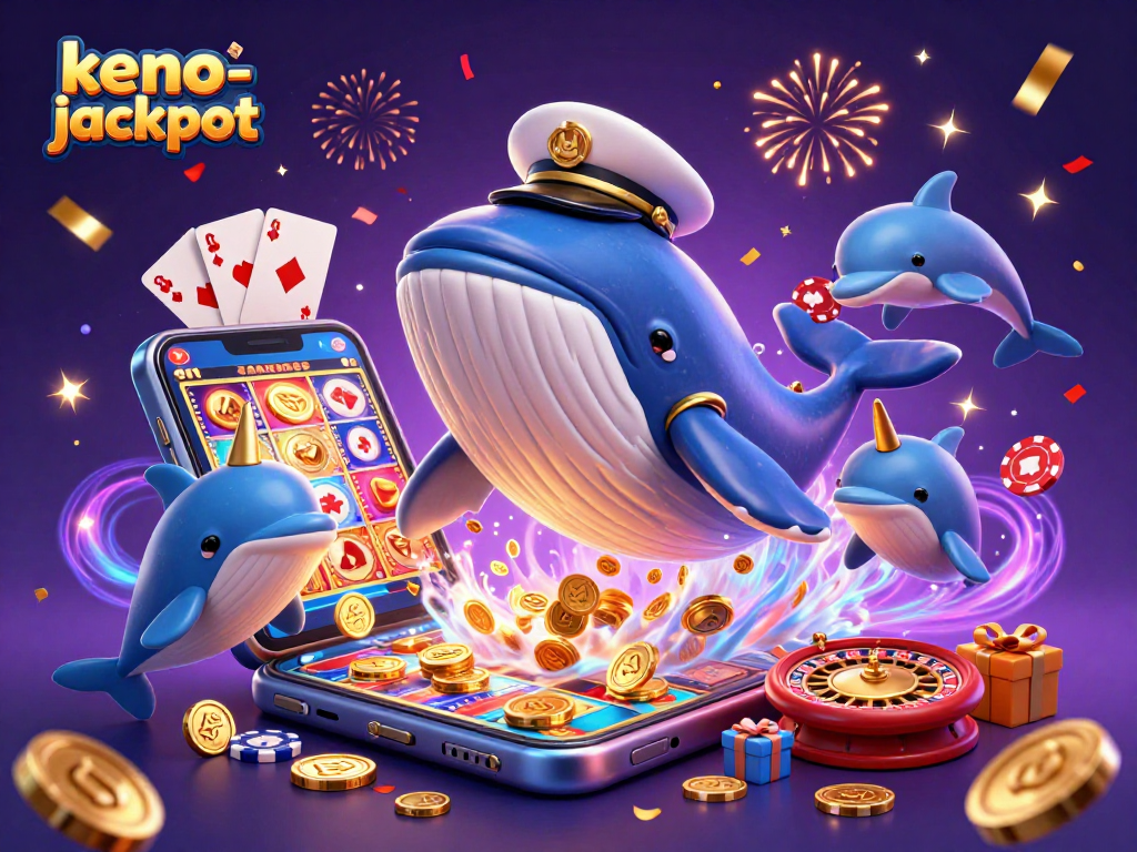 Experience the thrill of keno-jackpot with a vibrant cartoon whale and playful dolphins in a sea of coins.
