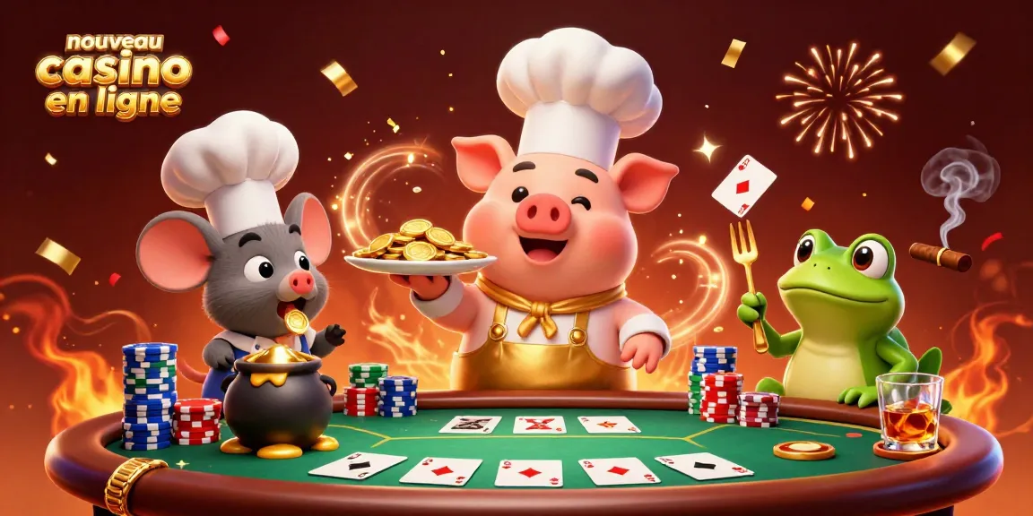 Jouez dans un nouveau casino en ligne avec un chef cartoon préparant des pièces d'or avec des jeux de cartes autour.