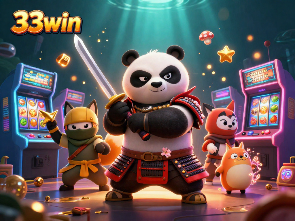 Experience the thrill of 33 win with a cartoon samurai panda and ninja fox in a vibrant casino scene.