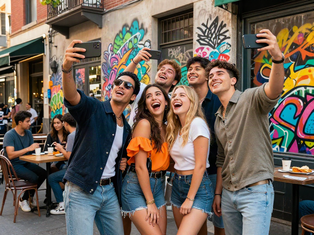 Joyful friends comparing looks to look alikes of famous people in a vibrant urban street scene.