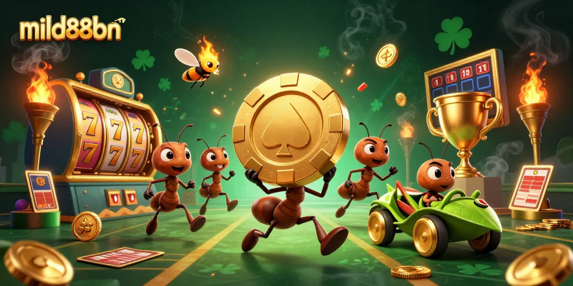 Ants carry a golden poker chip in a vibrant scene, showcasing mild88bn casino excitement.