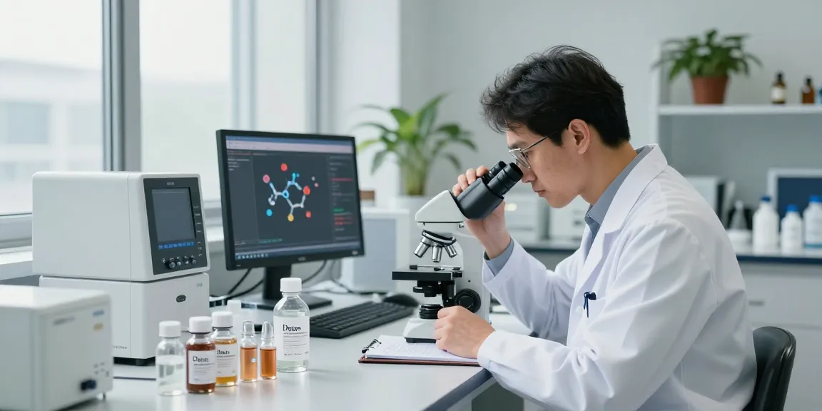 Scientist researching peptides from Deus Medical in a bright lab, showcasing advanced cosmetic solutions.