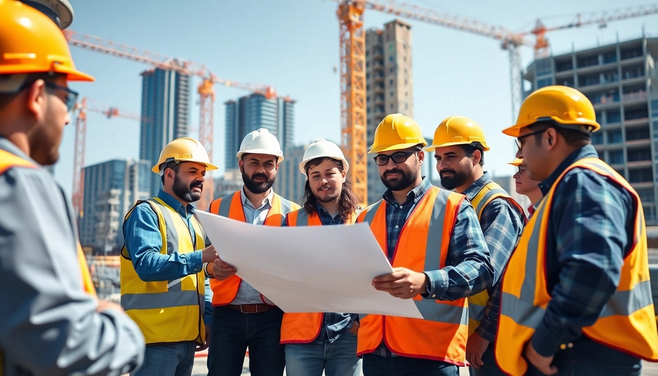 Engaged Manhattan Commercial General Contractor team reviewing plans at an active construction site.