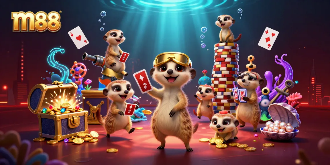 m88 casino operation featuring meerkats as dealers, chips, and vibrant gaming elements