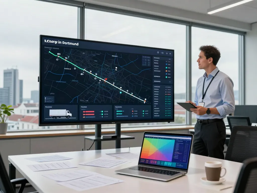 LKW Spedition Dortmund - Logistikmanager analysiert Transportdaten in modernem Büro.