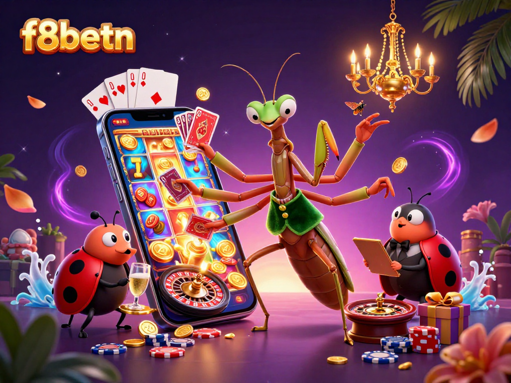 Engage with f8betn's vibrant casino experience featuring a giant mantis card sharp and ladybug pit boss.