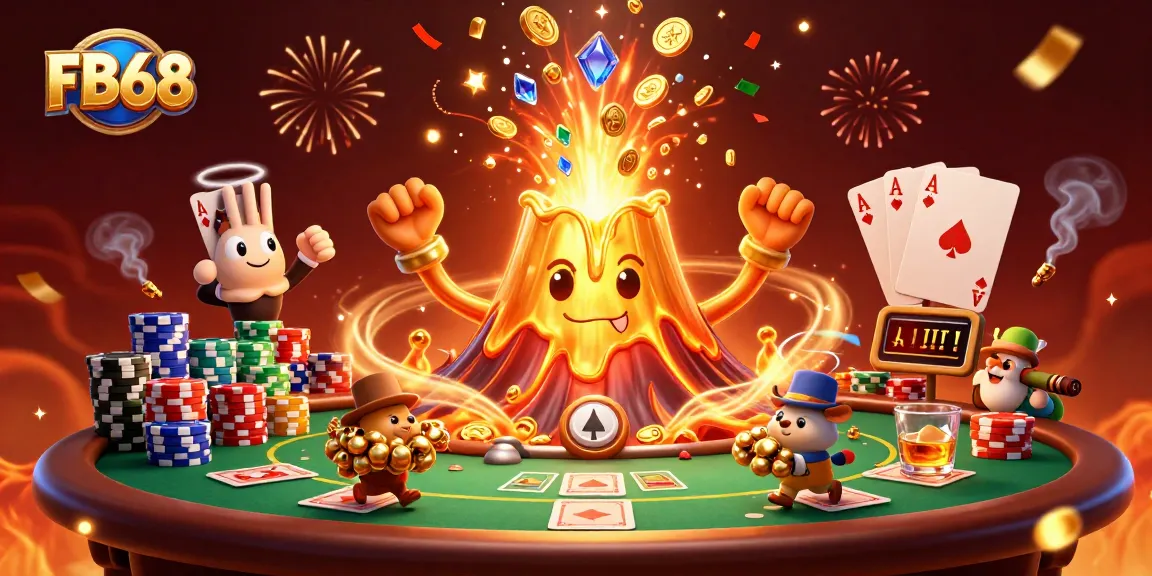 Win big at FB68 with a triumphant volcano and explorers brimming with treasure in an intricate casino scene.