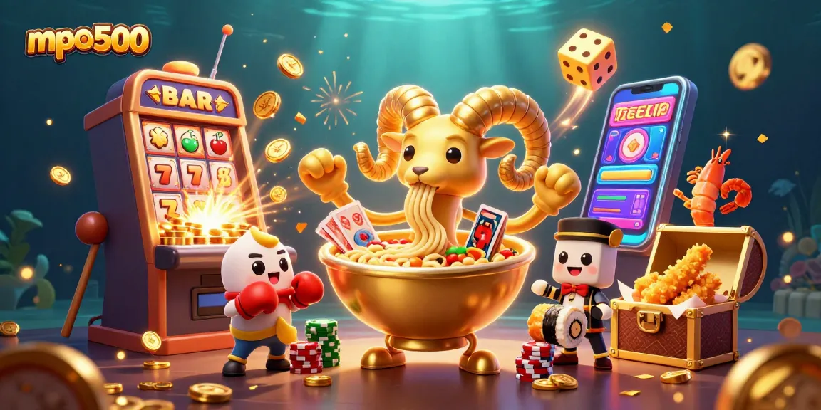 Experience mpo500's thrilling slots with a vibrant 3D casino illustration of exciting game elements.